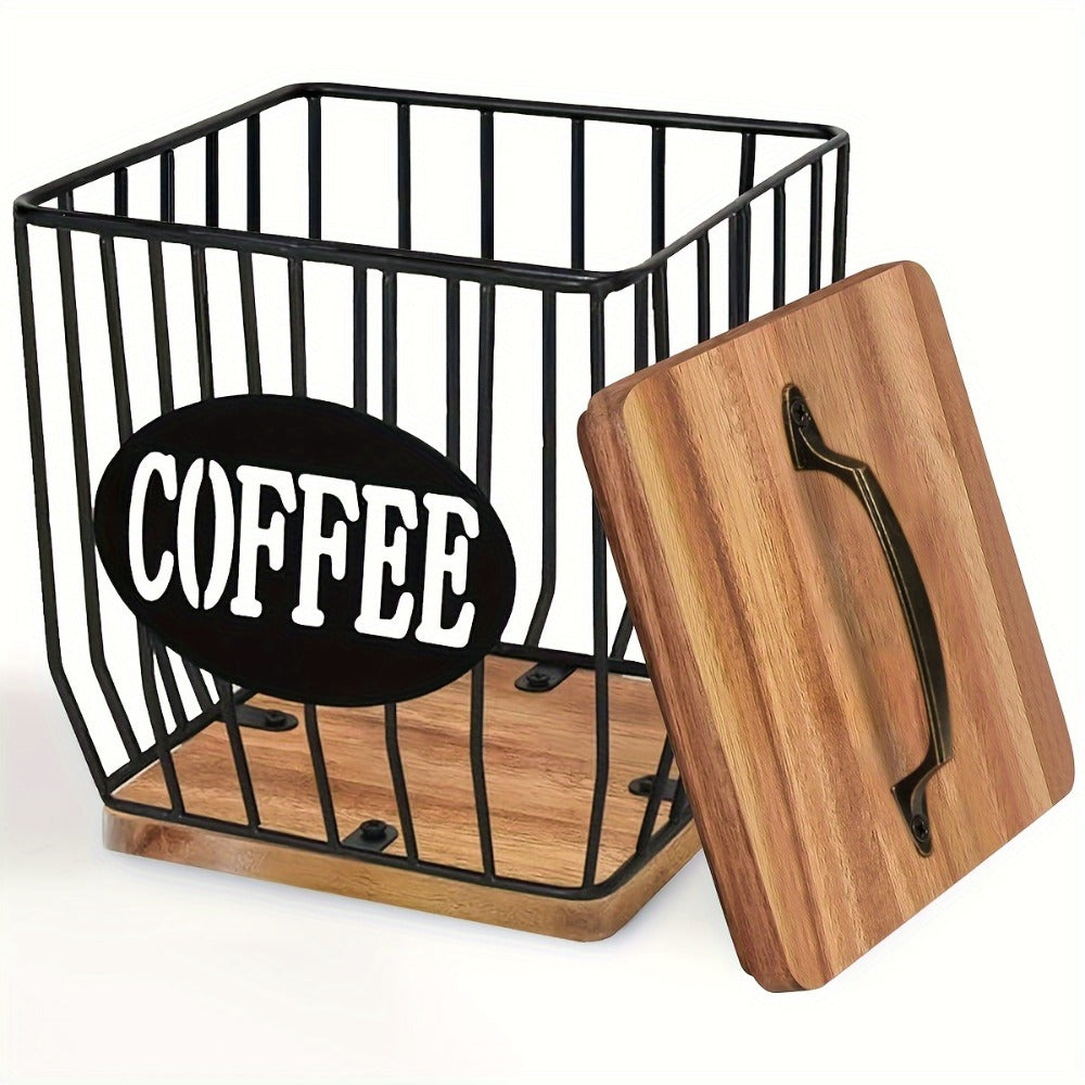 K-Cup Coffee Pod Holder Rack with Lid – Large Capacity Black Metal Square Coffee Capsule Storage Organizer with Wooden Base, Modern Coffee Bar Countertop Decoration for Coffee Beans & Capsules – Black