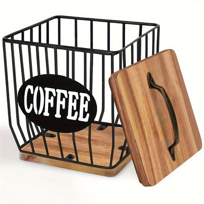 K-Cup Coffee Pod Holder Rack with Lid – Large Capacity Black Metal Square Coffee Capsule Storage Organizer with Wooden Base, Modern Coffee Bar Countertop Decoration for Coffee Beans & Capsules – Black