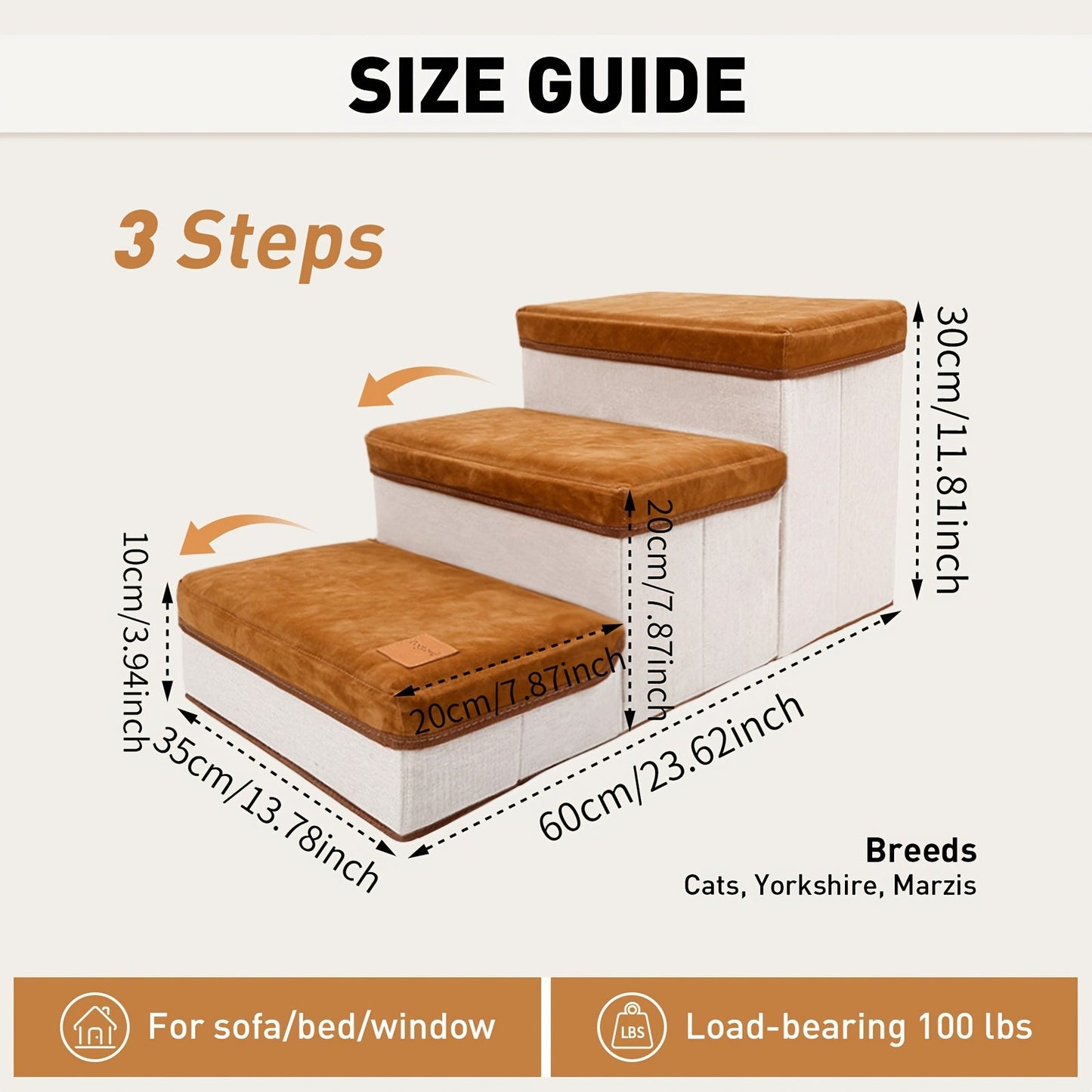 Dog Stairs for High Beds 3-Tier Foldable Pet Steps with Non-Slip Surface & Plush Chicken Leg Toy | Nylon Dog Ramp for Small & Extra Small Breeds | Fits Sofas Couches Beds | Coffee & Gray