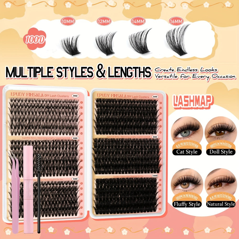 708Pcs Mixed Density Lash Clusters Kit 8-16mm 30D-100D Mega Volume with Glue Tweezers & Brush – Soft Reusable DIY Cluster Lashes for Natural to Dramatic Salon-Style Eye Makeup at Home