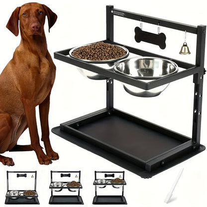 Raised Dog Bowl Stand Adjustable Height - Metal Elevated Feeder with 2 Stainless Steel Bowls for Large Medium Dogs, Non-Slip Dog Feeding Station