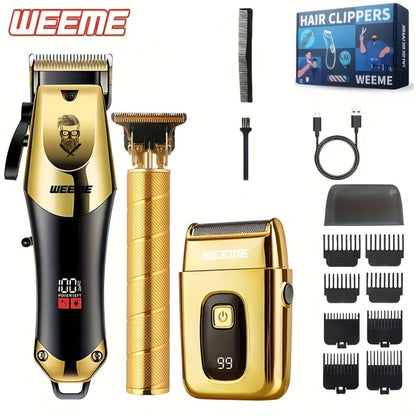 USB Rechargeable Hair Clipper Set for Men — WEEME Electric Razor & T-Blade Trimmer Kit with 8 Limit Combs, 2/3-Piece in Golden, Blue & Black, Valentine's Day & Birthday Grooming Gift