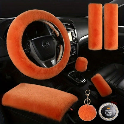 8pcs Set Combination Pink Goddess Plush Car Steering Wheel Cover Rex Rabbit Fur Fluffy Steering Wheel Cover, Purple Car Accesaories