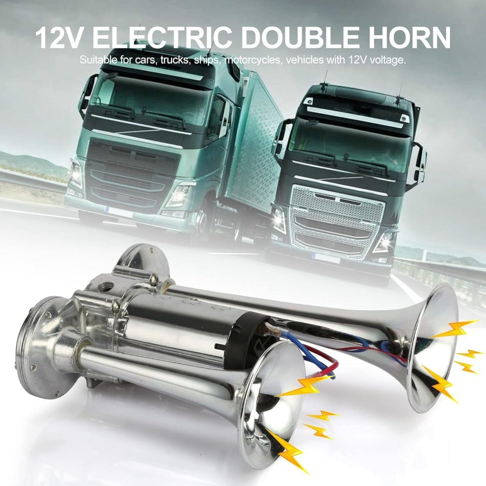 Dual Trumpet Air Horn Kit 12V 110dB – Super Loud Electric Horn with Compressor, Chrome Zinc-Alloy, Universal Fit for Car Truck SUV Boat Train Van Motorcycle Off-Road