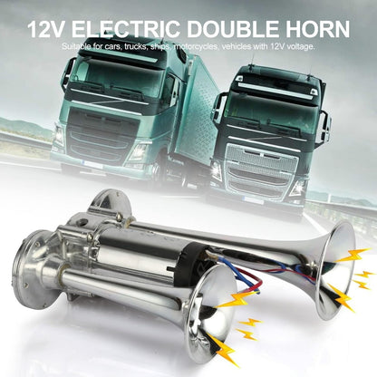 Dual Trumpet Air Horn Kit 12V 110dB – Super Loud Electric Horn with Compressor, Chrome Zinc-Alloy, Universal Fit for Car Truck SUV Boat Train Van Motorcycle Off-Road