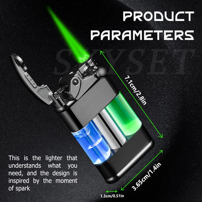 Green Flame Metal Lighter Windproof – Refillable Butane Gas Lighter with Adjustable Flame, Fuel Window & Rocker Arm Ignition, Cool Multifunctional Lighter for Outdoor Camping BBQ Cigars (No Butane)