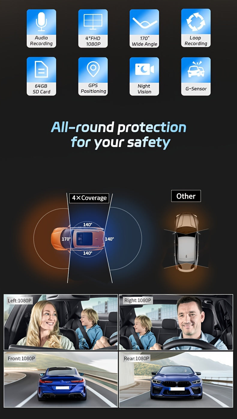 Dash Cam Car Black Box Dashcams for Cars Free 64GB SD Card with WIFI GPS Night Vision G-Sensor Loop Recording Ultra Wide Angle Front, Back, Left, Right 3.0 Inch IPS Screen No Card/ with 32GB Card/ with 64GB Card Dash Camera
