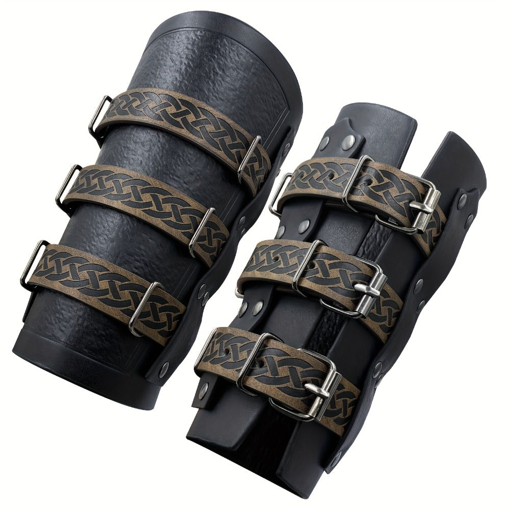 Medieval Faux Leather Bracers Viking Arm Guards – Embossed Renaissance LARP Cosplay Costume Accessory for Halloween, Stage Performance & Photography, Brown & Black, 1pc or 2pcs