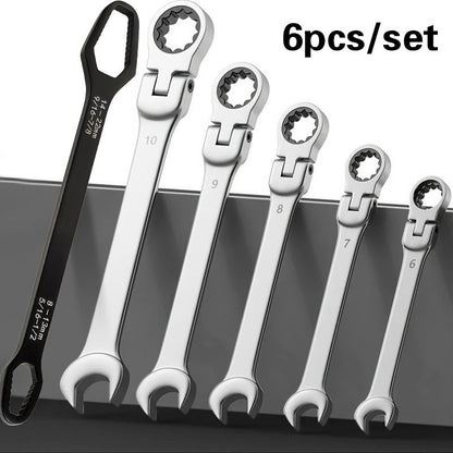 Flexible Head Ratchet Wrench Set 6-Piece – 72-Tooth 180° Dual-End CR-V Steel, Metric 6-10mm Double-Headed Wrenches for Auto, Motorcycle & Bike Repair, Compact Tool Kit