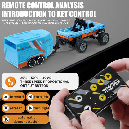 Mini RC Off-Road Truck with Trailer 1:64 Scale Die-Cast Remote Control Car – 2.4GHz Climbing Vehicle with Lights Rechargeable Adjustable Speed | Pocket-Sized RC Toy for Boys | Best Birthday Christmas Gift