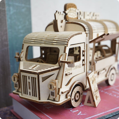 Basswood Food Truck 3D Puzzle Model Kit – DIY Building Toy for Kids & Adults, Yellow Miniature Snap-Fit Craft, Creative Birthday Halloween Christmas Gift for Boys Girls