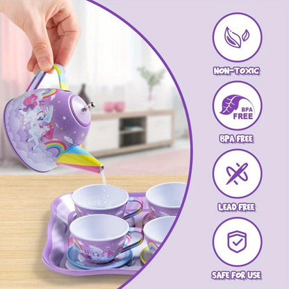 Unicorn Tea Party Set for Girls – Purple Tin Teapot Cups & Plates Pretend Play Princess Kitchen Toy with Storage Case – Magical Unicorn Rainbow Castle Gift for Ages 3+ Birthday Easter Christmas