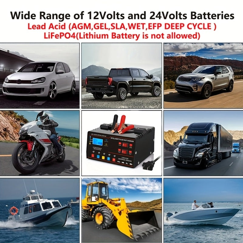 12V&24V Intelligent Universal Battery Charger With LCD Display, Smart Repair, Temperature Compensation, Overcharge And Short Circuit ProtectionSuitable For Intelligent Trickle Charging Of Cars, SUV, Trucks, Yachts, Motorcycles Battery Maintenance