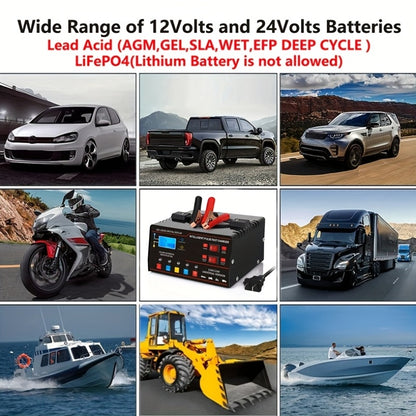 12V&24V Intelligent Universal Battery Charger With LCD Display, Smart Repair, Temperature Compensation, Overcharge And Short Circuit ProtectionSuitable For Intelligent Trickle Charging Of Cars, SUV, Trucks, Yachts, Motorcycles Battery Maintenance