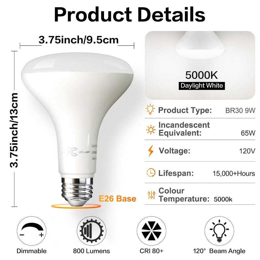 BR30 LED Flood Light Bulbs 12W 800 Lumens 5000K Daylight White Non-Dimmable – 25000 Hour Lifespan E26 Base Recessed Lighting Bulbs for Indoor Ceiling Can Lights, 6 Pack 12 Pack 24 Pack