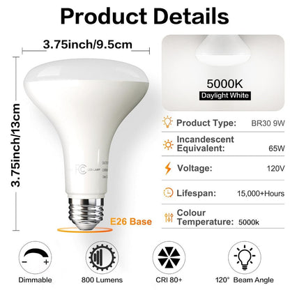 BR30 LED Flood Light Bulbs 12W 800 Lumens 5000K Daylight White Non-Dimmable – 25000 Hour Lifespan E26 Base Recessed Lighting Bulbs for Indoor Ceiling Can Lights, 6 Pack 12 Pack 24 Pack
