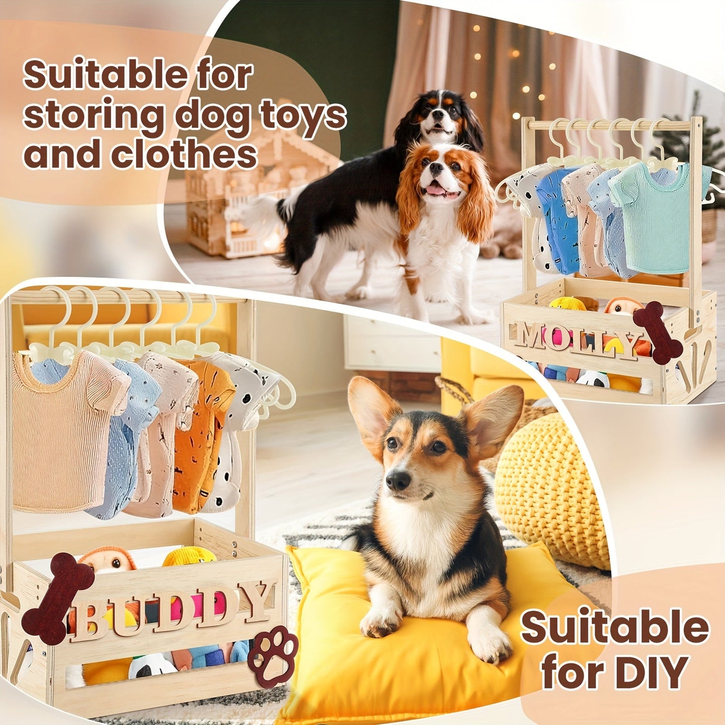 Wooden Pet Wardrobe Storage Box 20"x13"x9" – Dog & Cat Toy Organizer with Hanging Pole & PET Letters | Easy Assemble Basket for Pet Clothing, Accessories & Toy Storage, Natural Wood