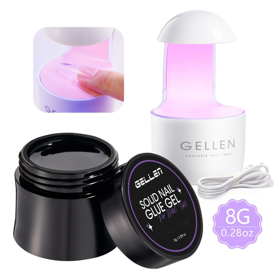 Solid Gel Nail Glue Kit with Mini LED Lamp — 8g UV Cure Gel Glue 28+ Days Long-Lasting Bond for Press On Nails Acrylic Tips Rhinestones, Non-Toxic Natural Resin, Salon & Home Manicure Gift Set