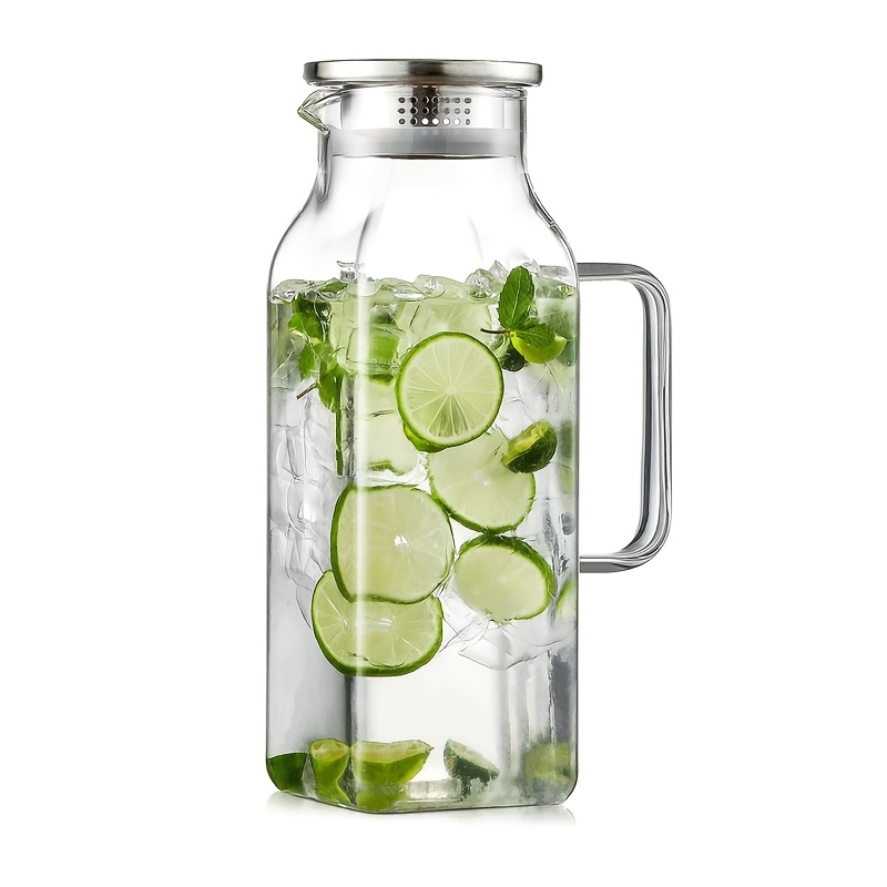 Glass Pitcher with Lid & Handle 68oz – Square Borosilicate Water Jug for Fridge | Heat Resistant Iced Tea Carafe, Cold Brew Coffee Server & Beverage Pitcher for Juice, Milk & Sangria