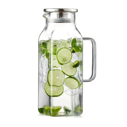 Glass Pitcher with Lid & Handle 68oz – Square Borosilicate Water Jug for Fridge | Heat Resistant Iced Tea Carafe, Cold Brew Coffee Server & Beverage Pitcher for Juice, Milk & Sangria
