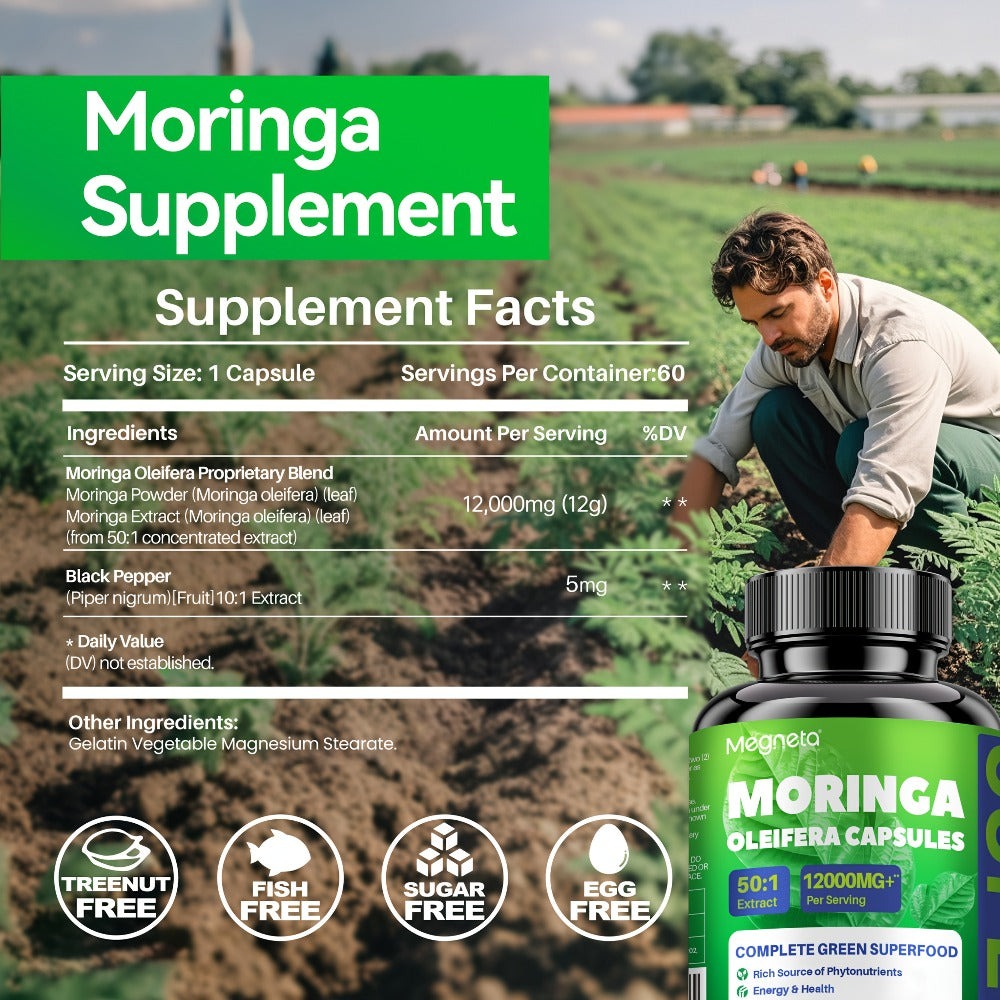 Moringa Capsules 12000mg Organic Superfood Supplement - Antioxidant, Immune Support, Skin Health & Natural Energy for Women & Men - Stimulant-Free Green Superfood Daily Capsules 60-180 Count