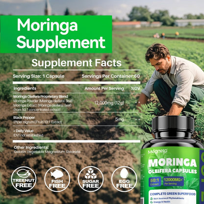 Moringa Capsules 12000mg Organic Superfood Supplement - Antioxidant, Immune Support, Skin Health & Natural Energy for Women & Men - Stimulant-Free Green Superfood Daily Capsules 60-180 Count