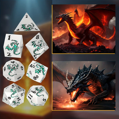 Dragon Metal Dice Set 7pcs Hand-Polished – Retro Carved Dragon Pattern Polyhedral DnD TTRPG RPG Dice with Dragon Storage Bag, D4 D6 D8 D10 D12 D20, Bronze Silver Black Blue White Cyan