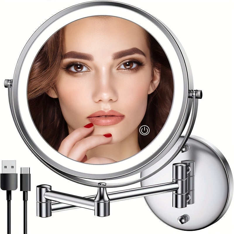 Wall Mounted Lighted Makeup Mirror 10X Magnification - 8 Inch LED Vanity Mirror 1X/10X Double Sided, 3-Color Touch Dimmer, 360° Swivel, USB Rechargeable Bathroom Mirror, Black Silver Gold