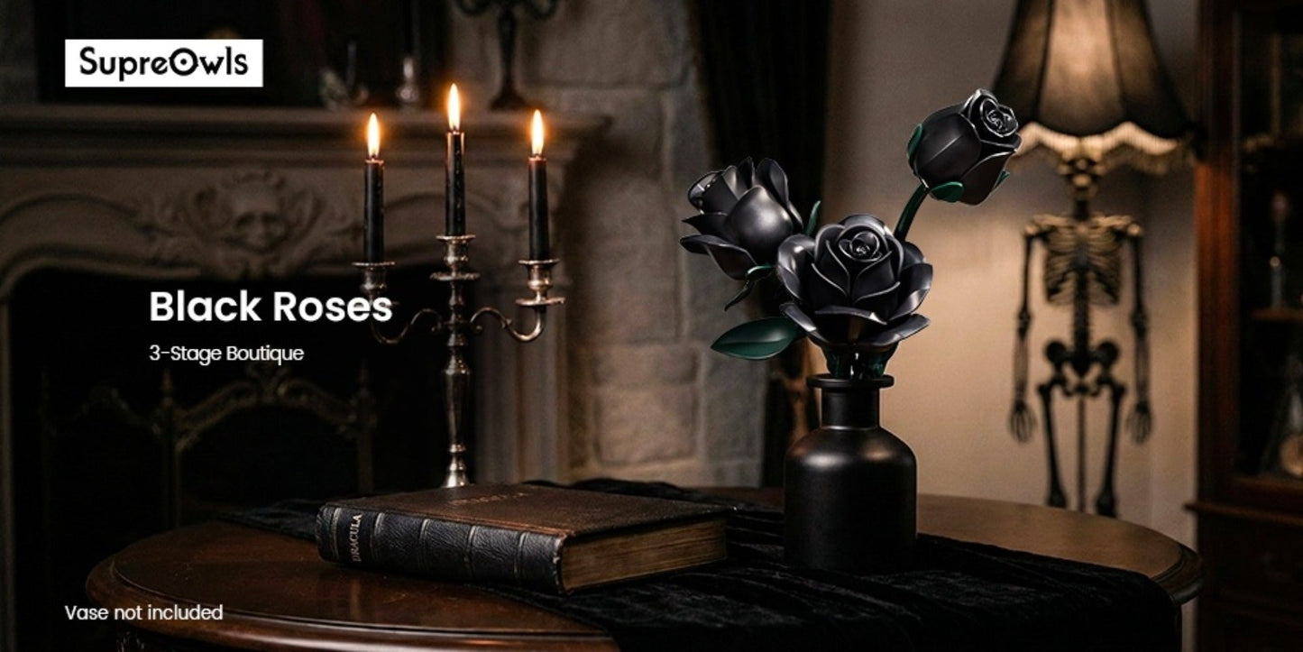 Black Rose Building Blocks Set 152 Pieces – 3 Gothic Artificial Flower Bouquet Brick Model Kit for Adults Teens, Unique Display Decor Gift for Valentine Birthday Anniversary Halloween Christmas