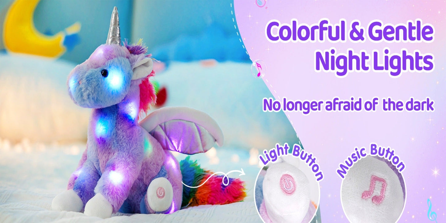 Light Up Unicorn Plush Toy with Glowing Rainbow LED & Music – Glow in the Dark Stuffed Animal for Kids, Girls, Birthday, Christmas & Holiday Gift