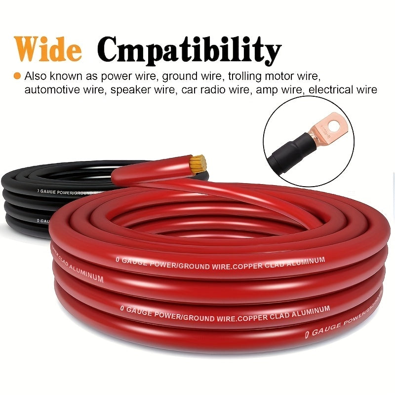 1/0 Gauge Copper-Clad Aluminum (CCA) Wire, (20ft Red + 20ft Black), (25ft Black + 25ft Red), with 20 Terminals, 20 Heat-shrink Tubes, And 1 Fuse Box; Battery Power/ground Cables, Car Audio Speakers, RV/trailer Amp Wiring Kits