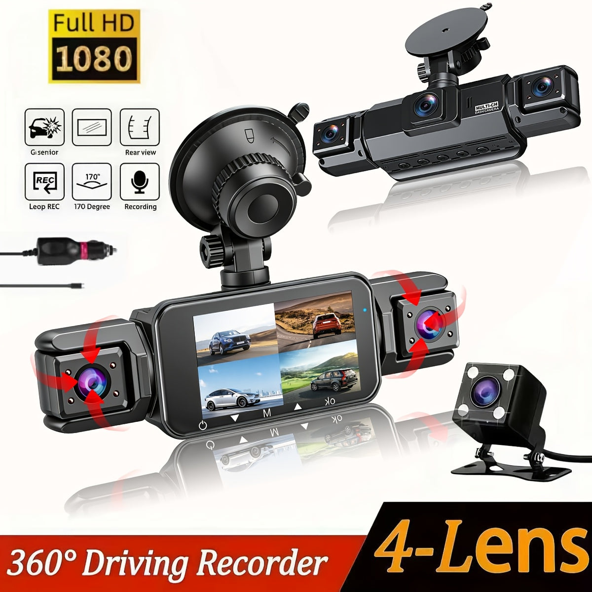 FOXGOD Car Dashboard Camera 360° Panoramic 3/4 Lens Channel 1080P HD Ultimate Safety Dash Cam Set, 1080P Full Coverage Front, Rear, Left, And Right, Quad-Split Screen Display, HD Night Vision, WDR, G-Sensor, Loop Recording - Car Accessories/Car Dash