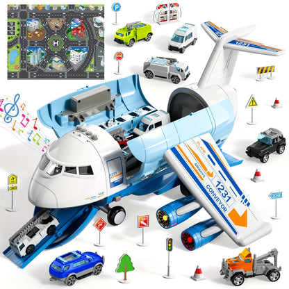 Jumbo Transport Airplane Toy for Kids with 10 Cars & Spray Mist, Cargo Plane Playset Toddler Boy Girl Birthday Gift Ages 3+