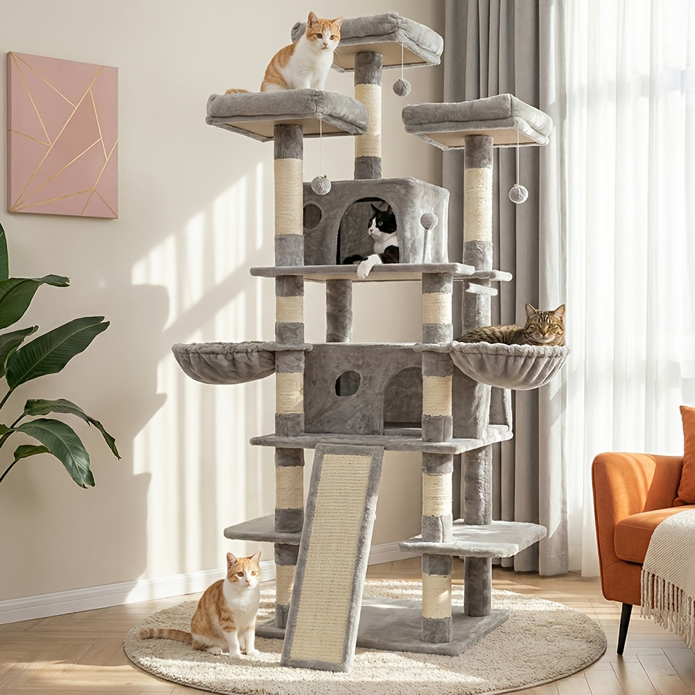 Large Multi-Level Cat Tree Tower – 68–81 Inch Tall Cat Condo with 2 Condos, 3 Plush Perches, Scratching Posts & Cat Hair Brush
