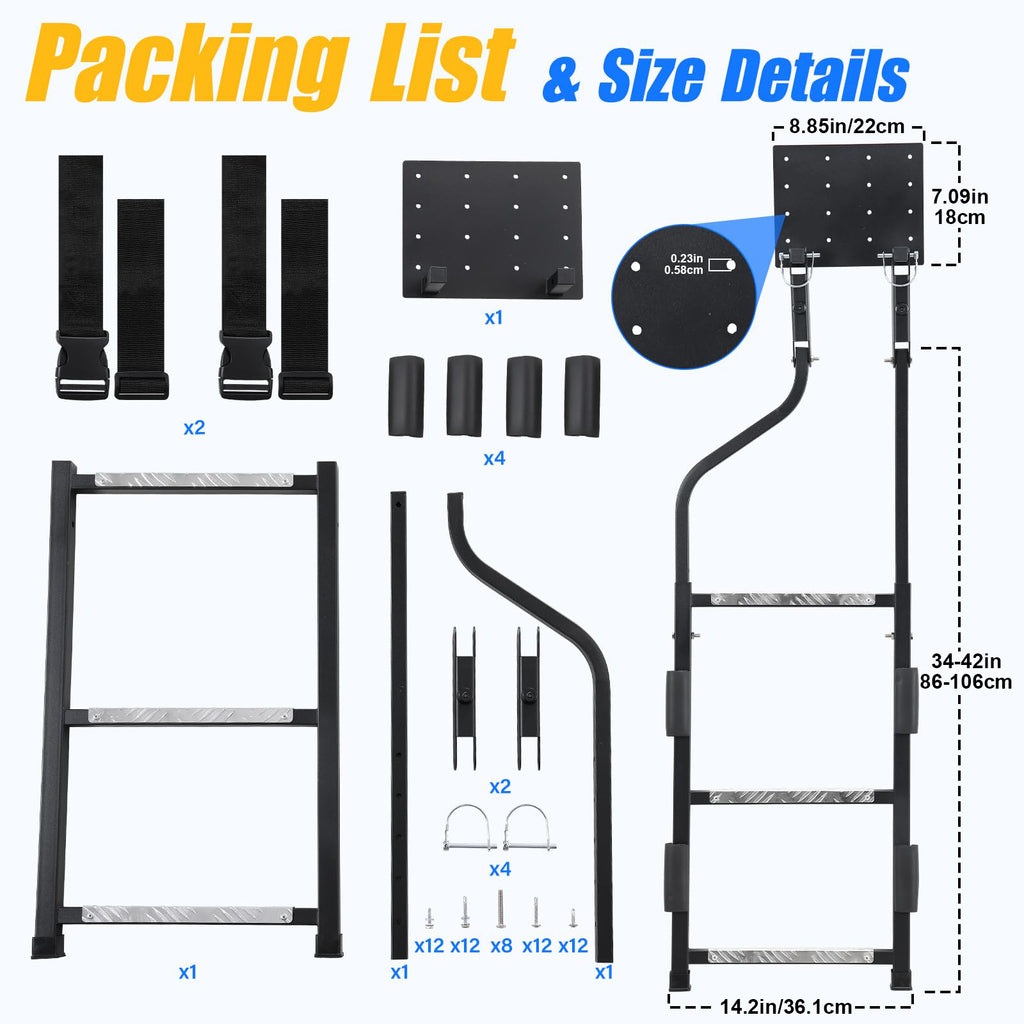 Heavy-Duty Foldable Rear Ladder for Pickup Trucks with Anti-Slip Steps, Adjustable Height, And Universal Fit for Ram, for Ford, Chevy, And for GMC. Easy to Install with Four Screw Options.