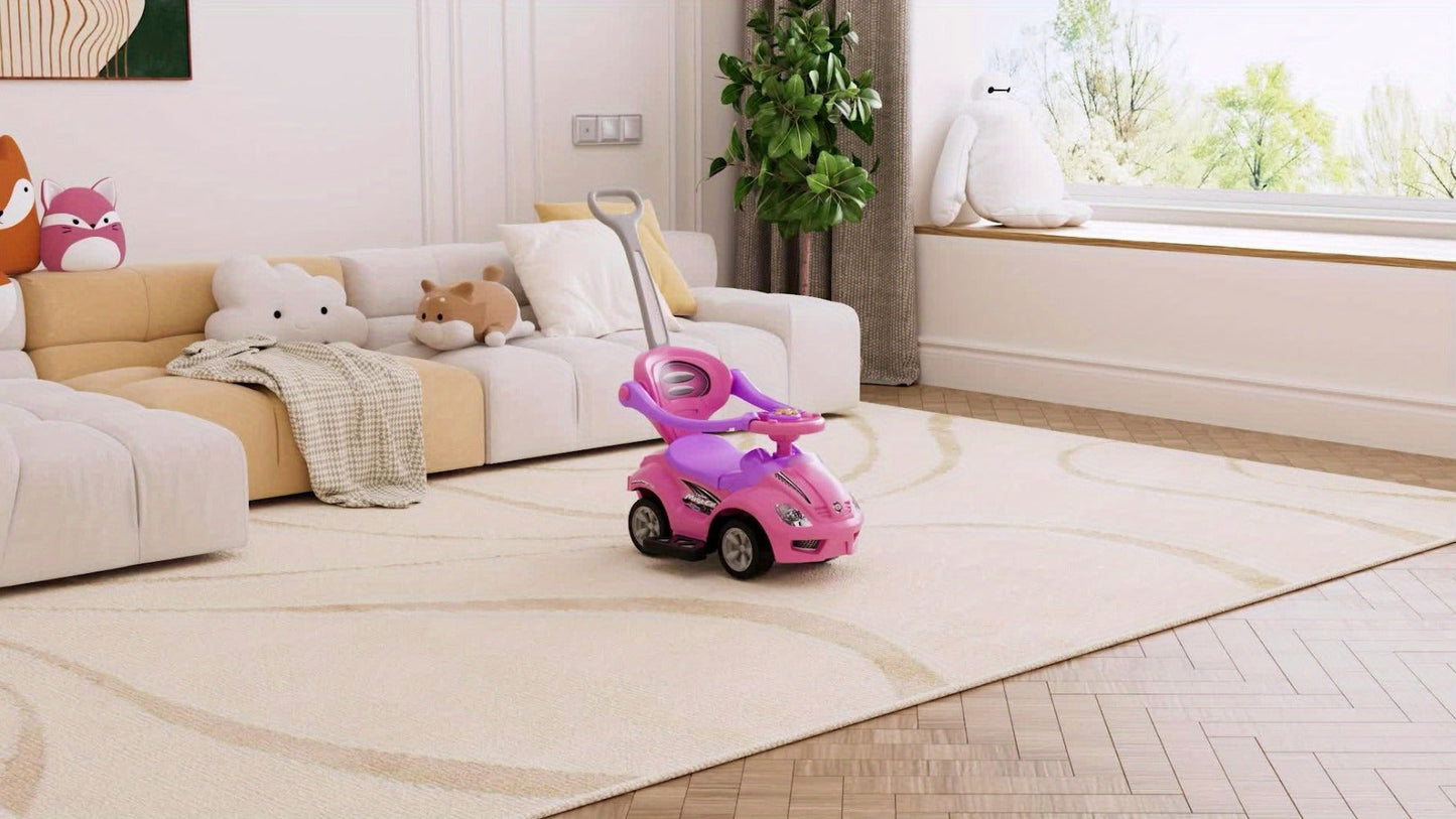 3-in-1 Toddler Push Ride & Walker Car – Baby Ride-On Toy with Guardrail, Music & Under-Seat Storage for Ages 18–36 Months | Indoor Outdoor Safe Play | Pink, Red