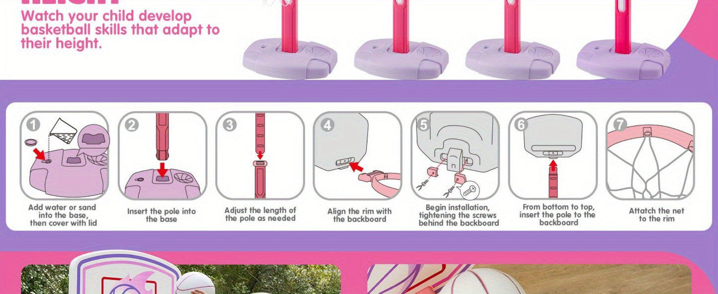 Toddler Basketball Hoop Adjustable Height 2.5-3.5ft Kids Basketball Goal with 4 Balls Air Pump Indoor Outdoor Sports Toy for Boys Girls Ages 1-6 Birthday Christmas Easter Gift Pink Purple