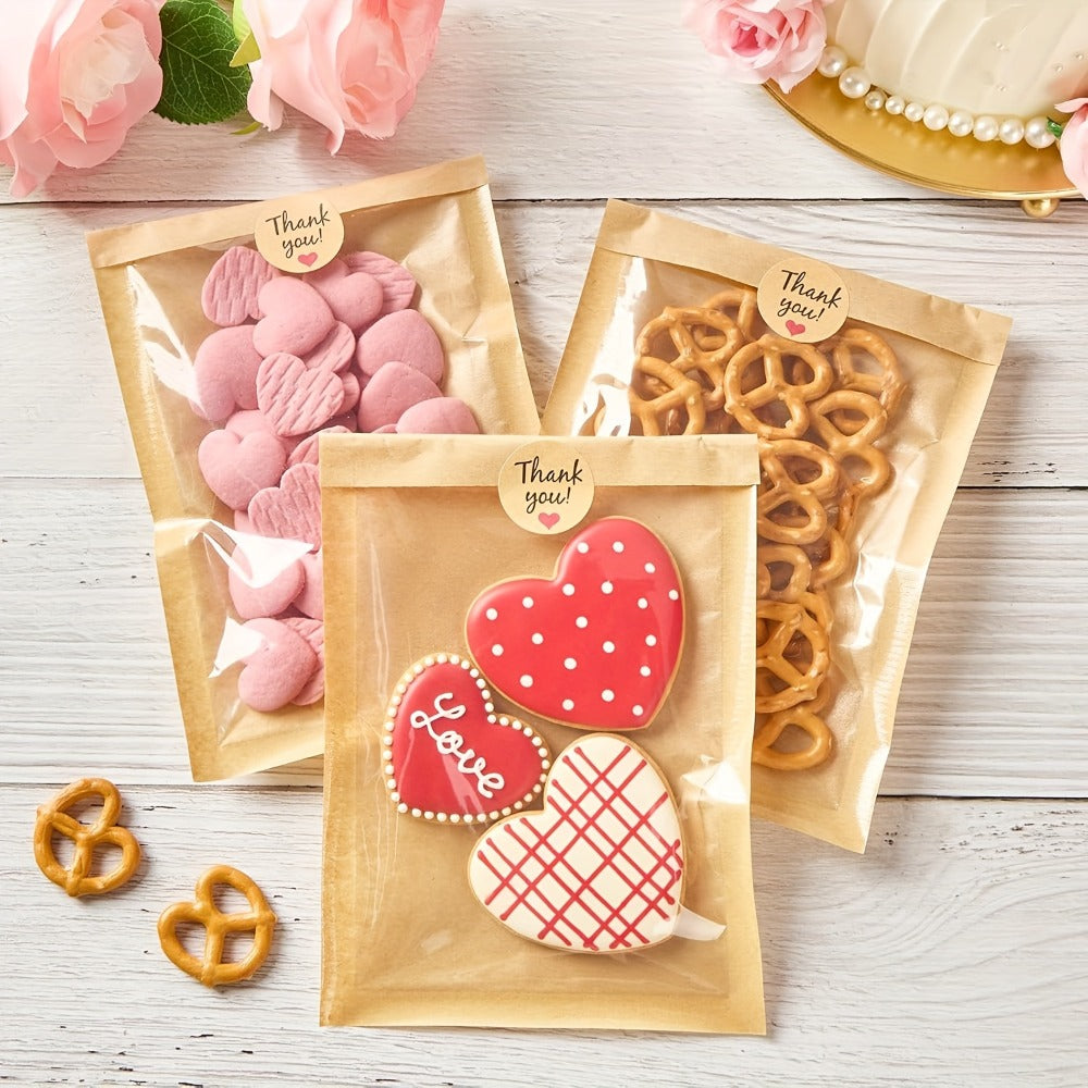 Cookie Bags with Window 300pcs Kraft Paper Treat Bags with Thank You Stickers Grease Resistant Clear Front Bakery Bags for Cookies Donuts Pastry Snack Packaging