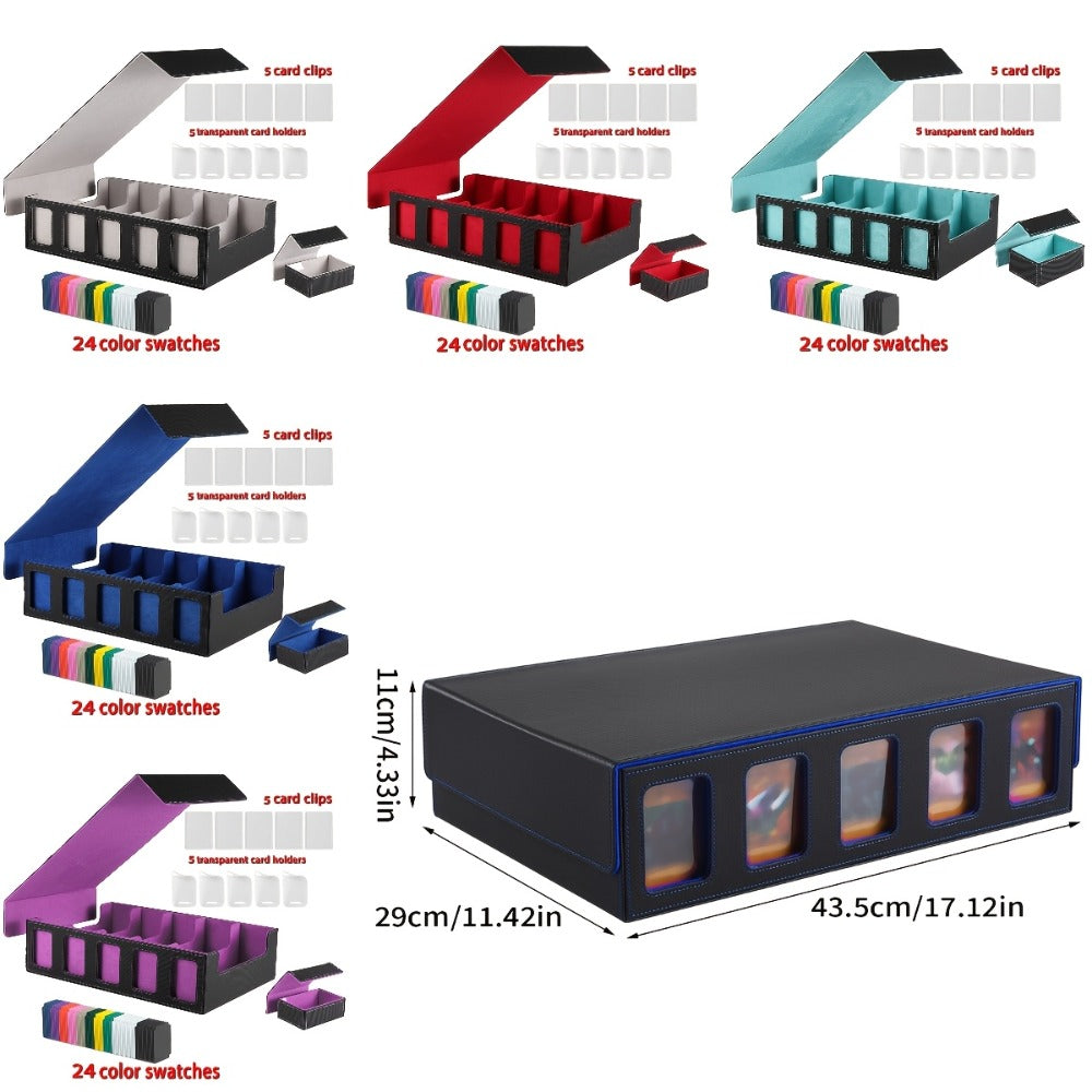 Trading Card Storage Box 5-Row with 24 Colored Dividers, 5 Card Sleeves & 5 Grid Boards – Card Organizer for Pokemon MTG Yu-Gi-Oh Sports Cards, Collection Display & Daily Storage, 5 Colors