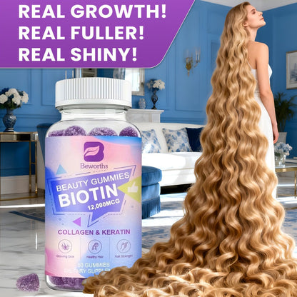 Biotin Gummies 12000mcg — with Collagen, Keratin, Chlorophyll, Zinc & Vitamins A B6 B12 C D E | Hair, Skin & Nail Support for Women & Men | 60 Gummies