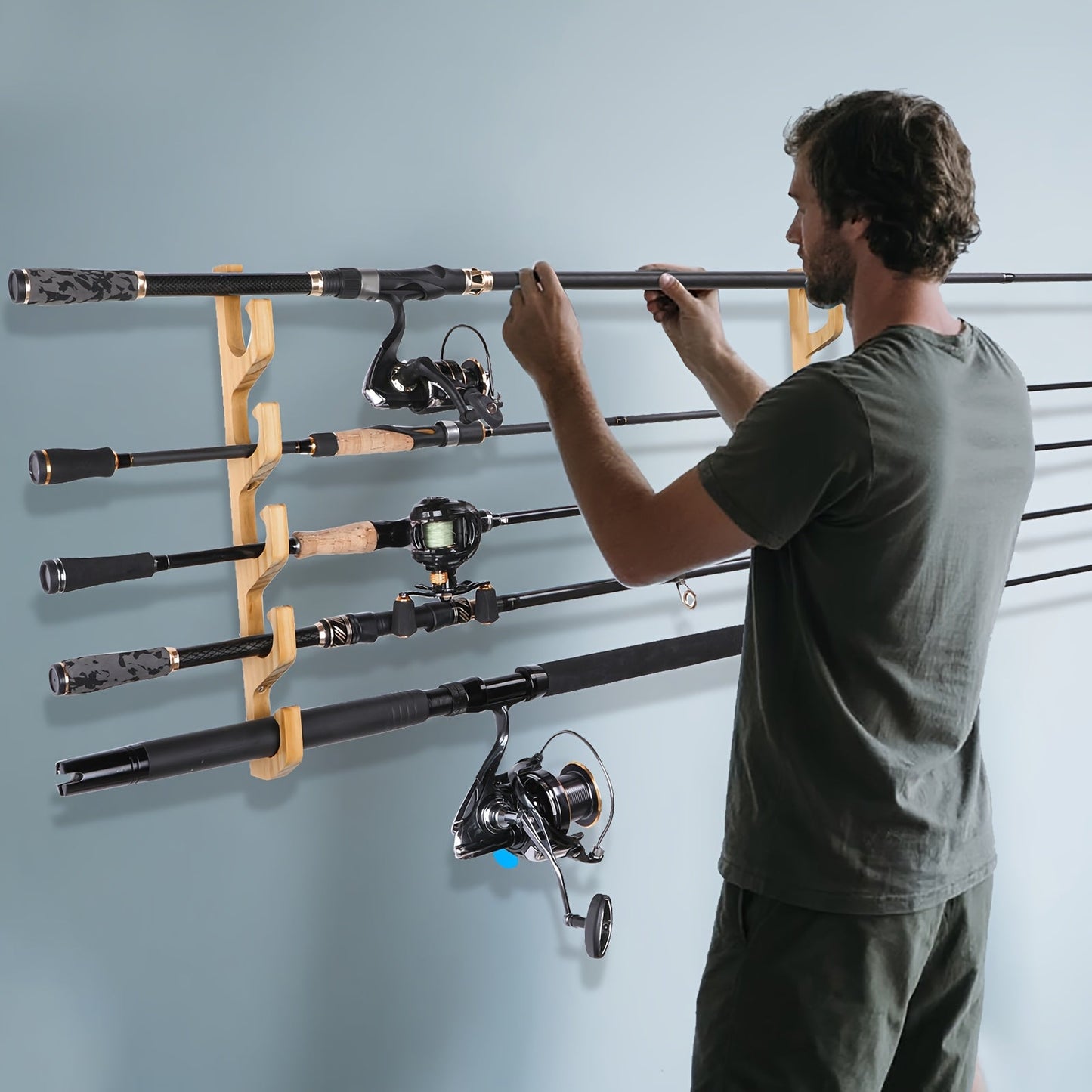 Wall-Mounted Wooden Fishing Rod Rack – 5-Hole Horizontal Rod Holder for Garage, Ceiling & Wall | Solid Wood Fishing Pole Storage Bracket for 5, 10 or 20 Rods | Father's Day Gift for Fishermen & Anglers