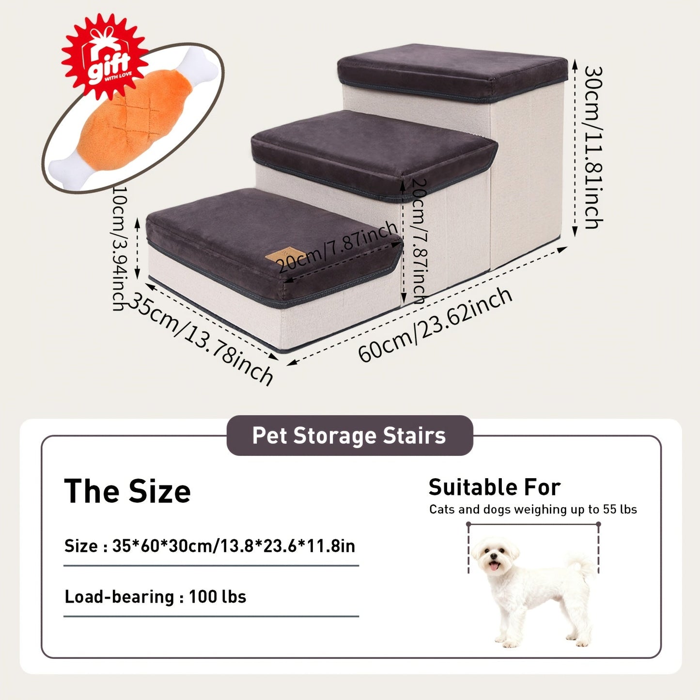 Dog Stairs for High Beds 3-Tier Foldable Pet Steps with Non-Slip Surface & Plush Chicken Leg Toy | Nylon Dog Ramp for Small & Extra Small Breeds | Fits Sofas Couches Beds | Coffee & Gray