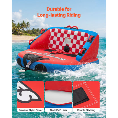 Towable Tube for Boating 2-Person – 340 lbs Inflatable D-Shape Boat Tube with Full Nylon Cover, Dual Tow Points, 10 Padded Handles & 2 Boarding Straps for Lake & River Water Sports
