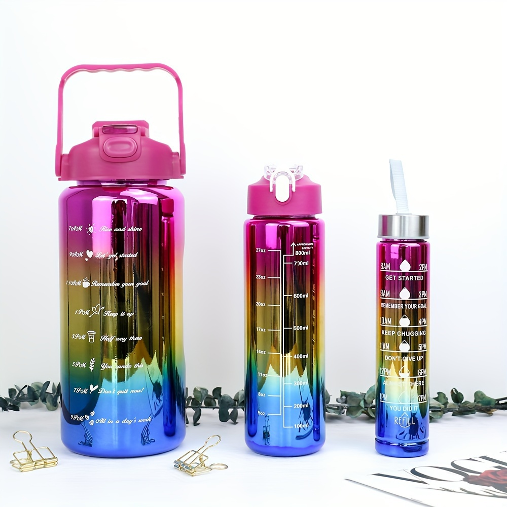 Electroplated Sports Water Bottle Set 3-Pack 64oz 27oz 15oz | Leak-Proof Gradient Bottles with Straw & Time Marker for Gym Office School & Workout