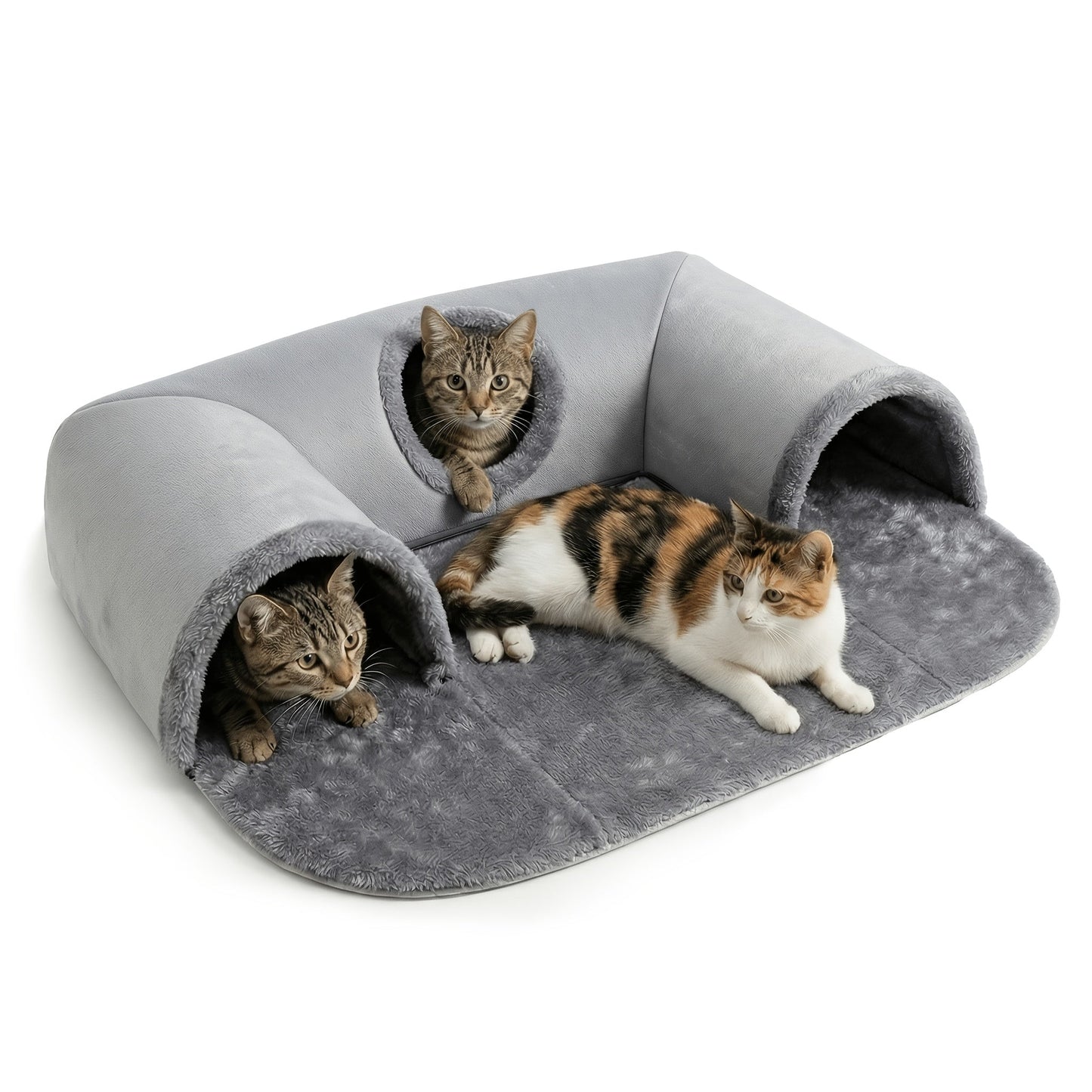 Cat Tunnel Bed 3-in-1 Play Mat & Warm Nest with Non-Slip Base, Durable Chew-Resistant Polyester Cat Bed for Indoor Cats, Soft Gray White Design, S & M Sizes for Cats Rabbits Hamsters