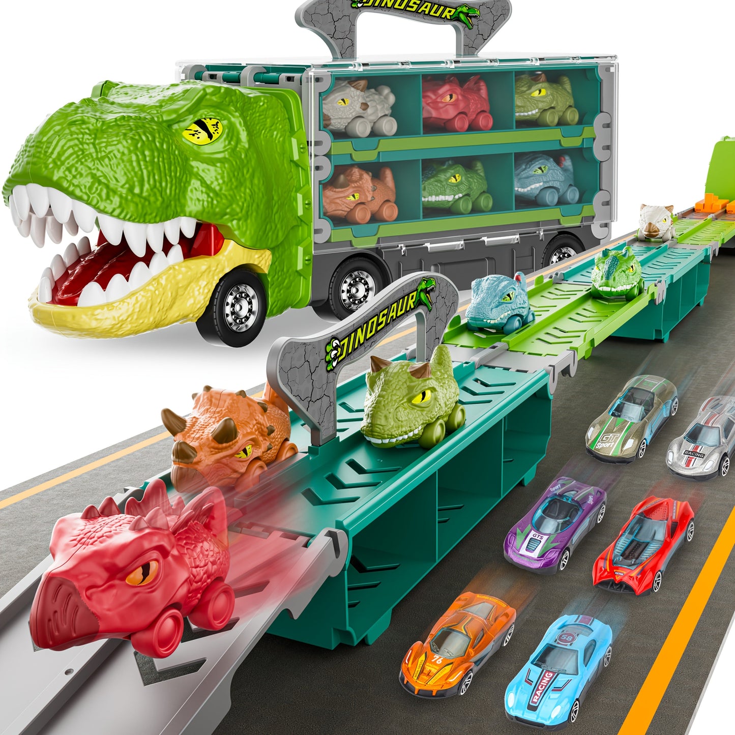 Dinosaur Truck Toys 13-in-1 Transport Carrier with 63-Inch Foldable Race Track | 6 Dino Cars + 6 Die-Cast Cars | 2-Player Racing Mode | Kids Birthday Christmas Gift