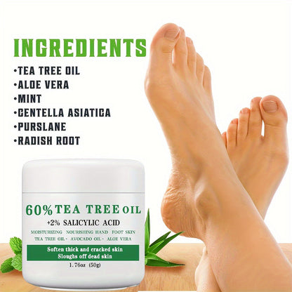 Tea Tree Oil Foot Cream 50g - 60% Tea Tree Oil & 2% Salicylic Acid Foot Balm for Dry Cracked Heels & Calluses, Aloe Vera & Mint Cooling Nourishing Foot Care Treatment