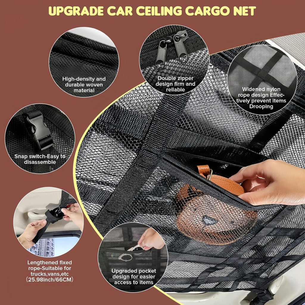 Upgrade Car Ceiling Cargo Net Pocket, 31.5"x21.6" Strengthen Load-Bearing and Droop Less Double-Layer Mesh Car Roof Storage Organizer,Truck SUV Travel Long Road Trip Camping Interior Accessories