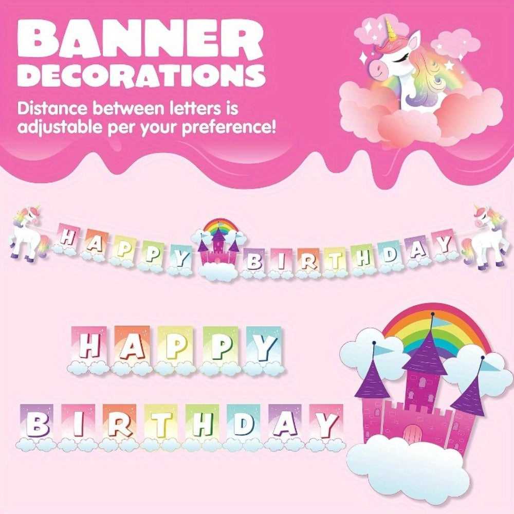 Unicorn Party Supplies 145 Pcs for 24 Guests – Disposable Tableware Set with Plates Cups Napkins Cutlery & Happy Birthday Banner for Unicorn Theme Birthday Party Decorations & Celebrations