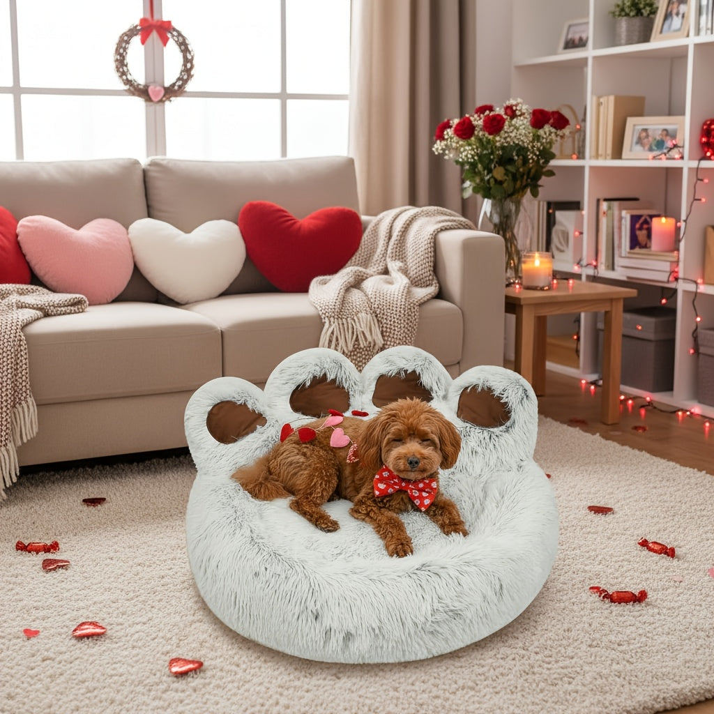 Dog Bed Cat Bed Bear Paw Shaped Donut – Calming Round Plush Pet Mattress, Warm & Soft Cuddler Bed for Dogs and Cats, Includes Pet Scarf, Sizes S to 2XL, Colors: Coffee, Pink, Grey, Brown